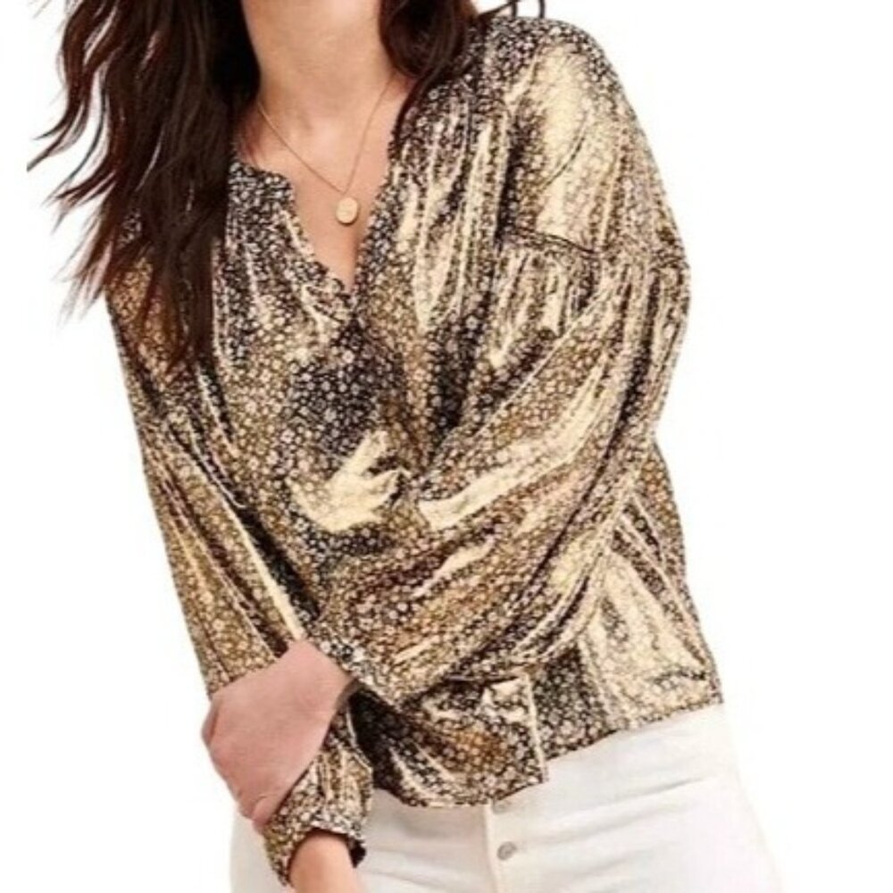 Current Air Anthropologie Size XS Golf Foil Metallic Top Blouse Long Sleeve V-Ne
